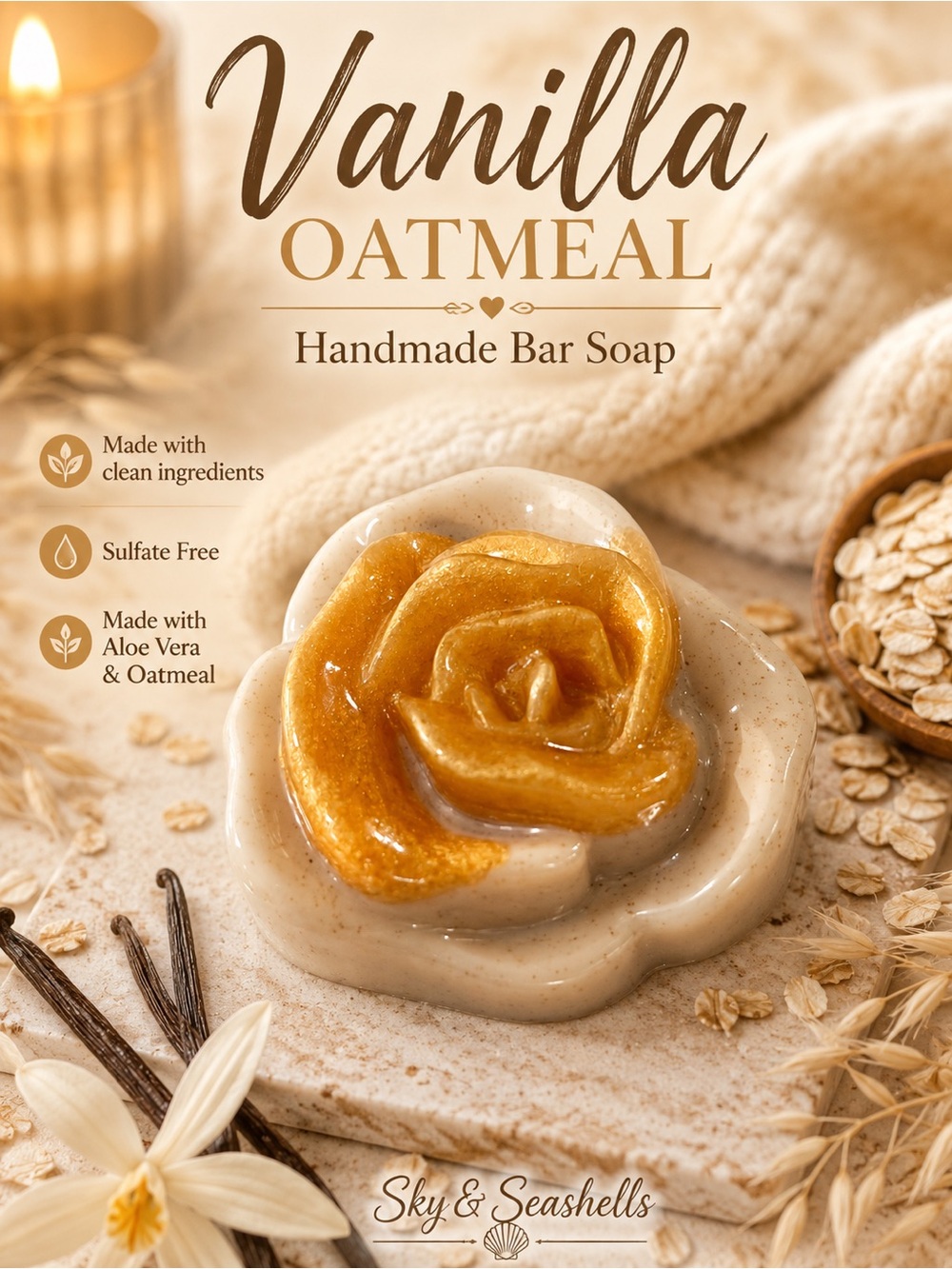 Hand Crafted “Vanilla Oatmeal” Scented Bar Soap With Aloe Vera & Oatmeal